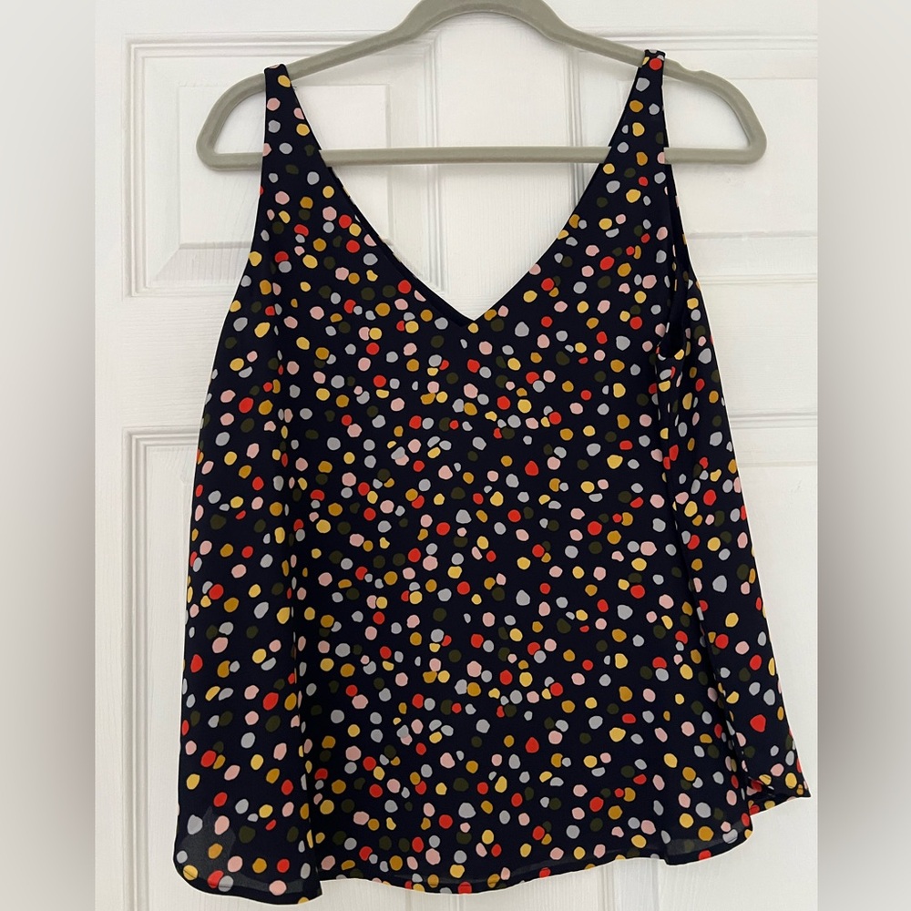 Loft Navy Polka Dot Shell V-Neck Tank Top Size Med Multicolor Dots